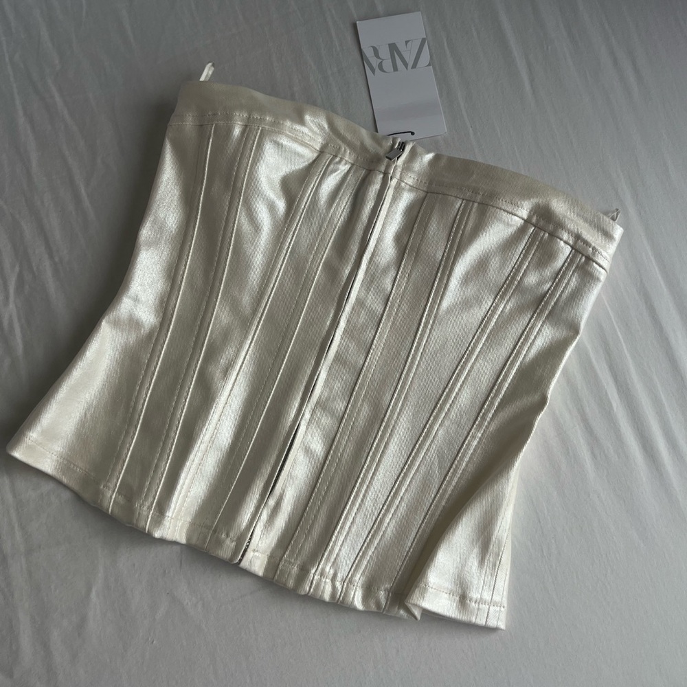 NWT ZARA shiny pearl denim bustier